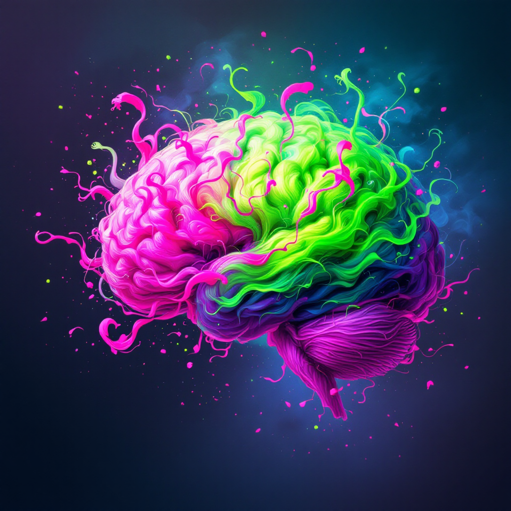 A vibrant, surreal depiction of a brain with swirling colors of pink, green, and purple, embodying the struggle against forgetting and the essence of existence itself.