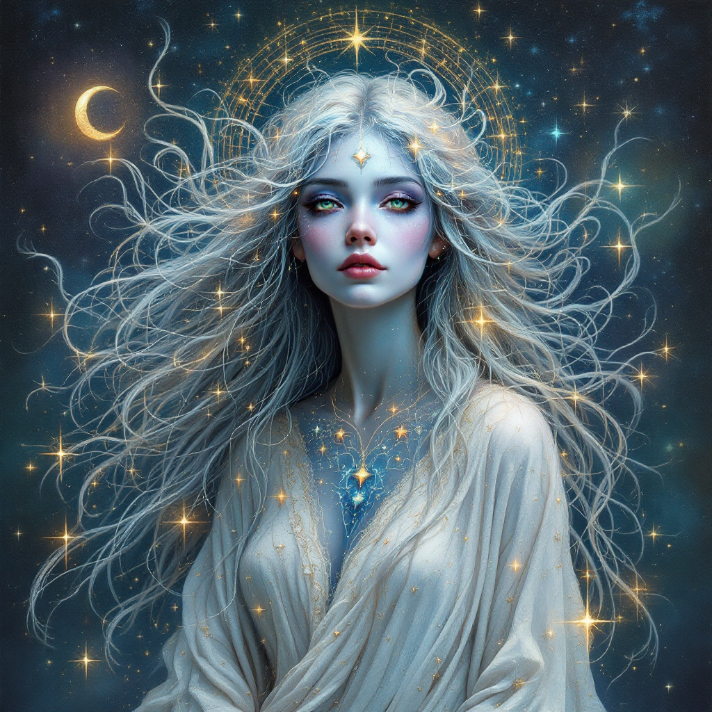 A serene figure with flowing silver hair surrounded by stars and a crescent moon, embodying a sense of wonder and the theme of salvation from within.