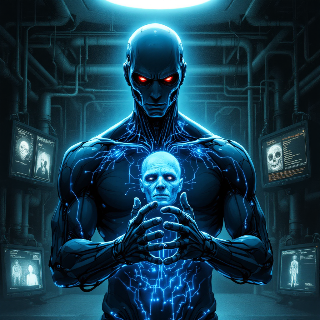 A futuristic figure with glowing blue skin cradles a smaller, illuminated skull, symbolizing the profound connection between body and trauma in a high-tech environment.