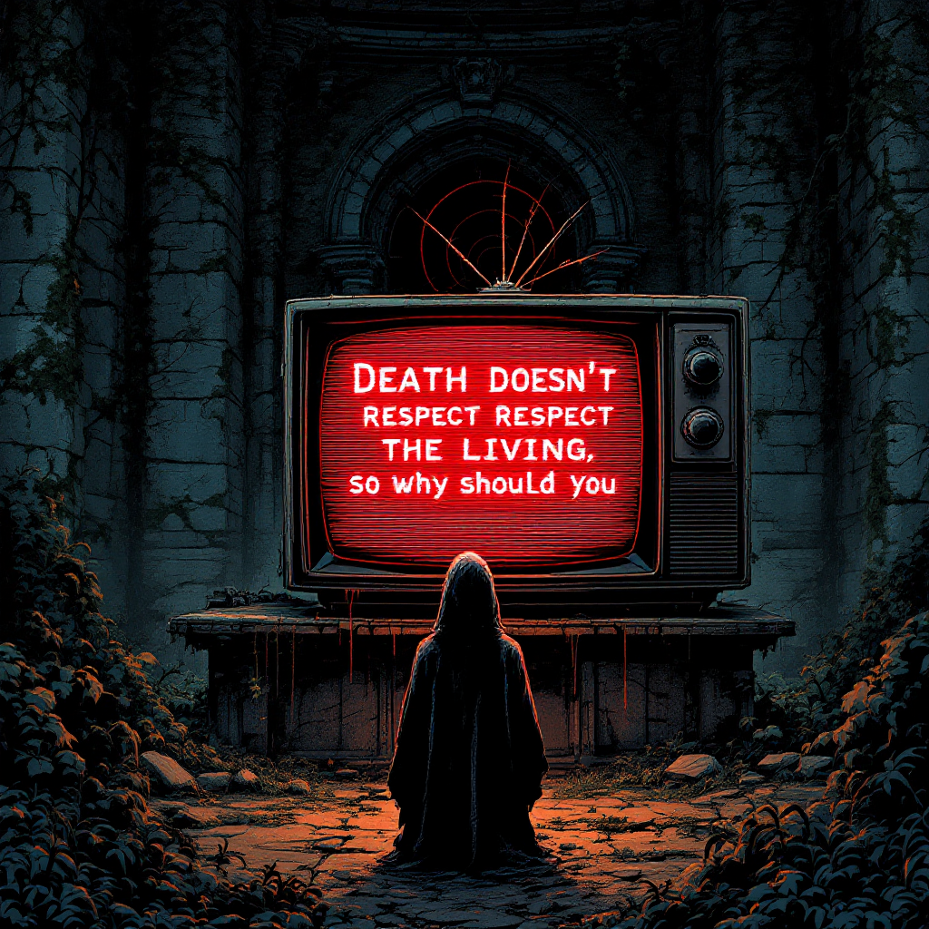 A cloaked figure sits before a vintage television displaying the quote: Death doesn’t respect the living, so why should you? The surroundings are dark, overgrown, and eerie.