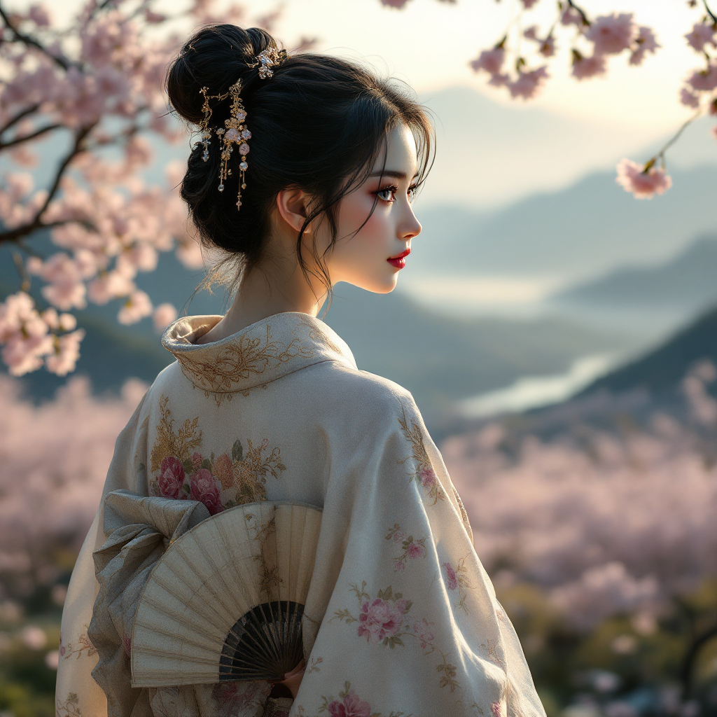 A woman in a traditional kimono stands among blooming cherry blossoms, facing a serene landscape, embodying the essence of individuality and self-acceptance.