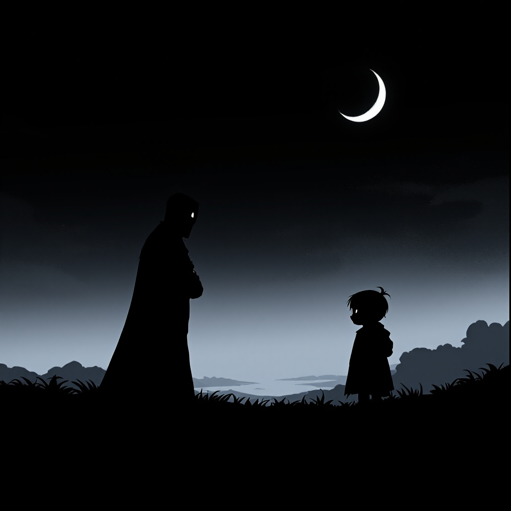 A silhouetted scene at night features a tall figure standing with arms crossed, facing a smaller figure. The moon hangs in the sky, embodying the quote: The only person standing in your way is you.