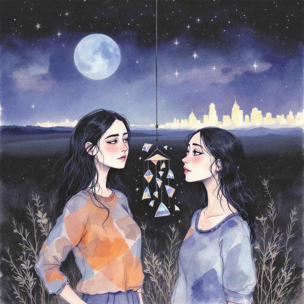 Two young women stand facing each other under a starry sky and full moon, with glass-like shapes hanging between them, symbolizing the fragility and resilience of friendship.