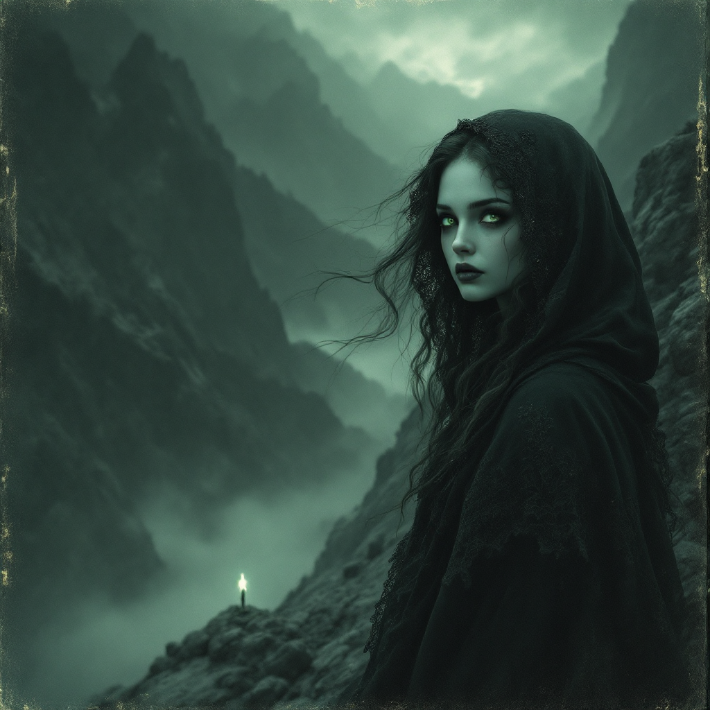 A dark-haired figure in a black cloak stands on a rocky ledge, gazing into misty mountains. A faint green light flickers nearby, echoing the quote about fearing the unknown.