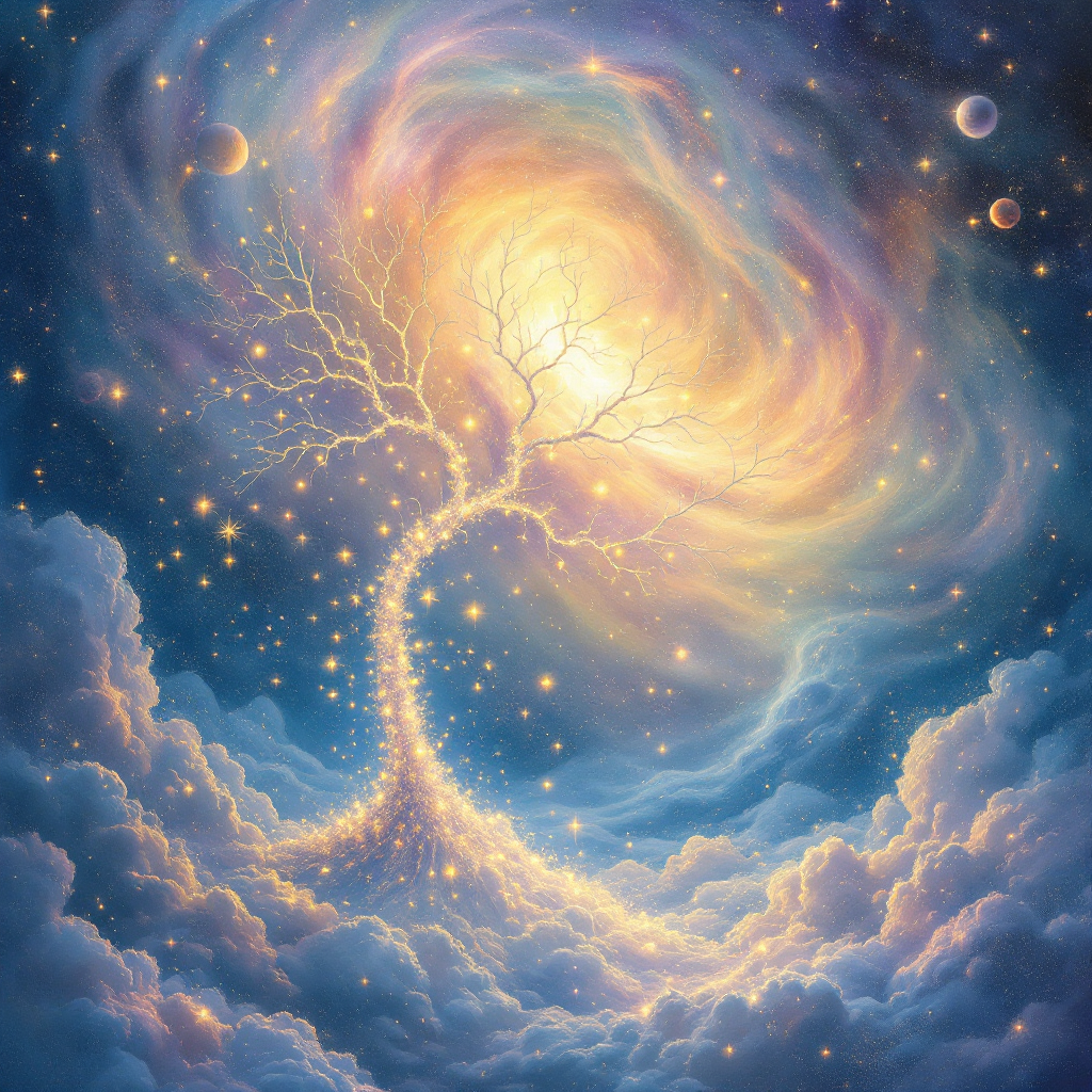 An ethereal tree of light grows upward through colorful clouds, symbolizing sacrifice and connection, embodying the essence of selflessness and cosmic unity.