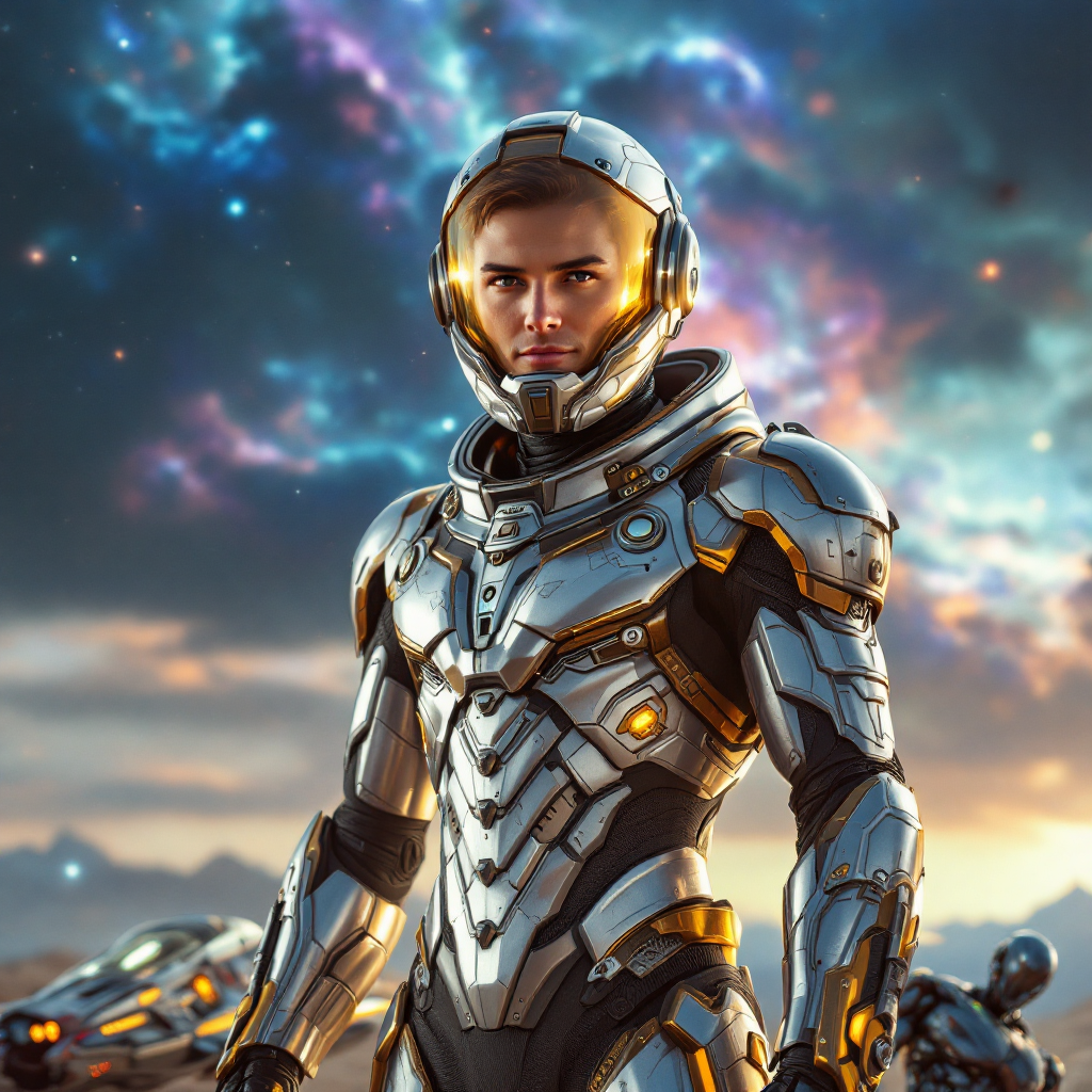 A heroic figure in a sleek, silver space suit stands confidently against a vibrant cosmic backdrop, embodying the essence of facing both victory and defeat.