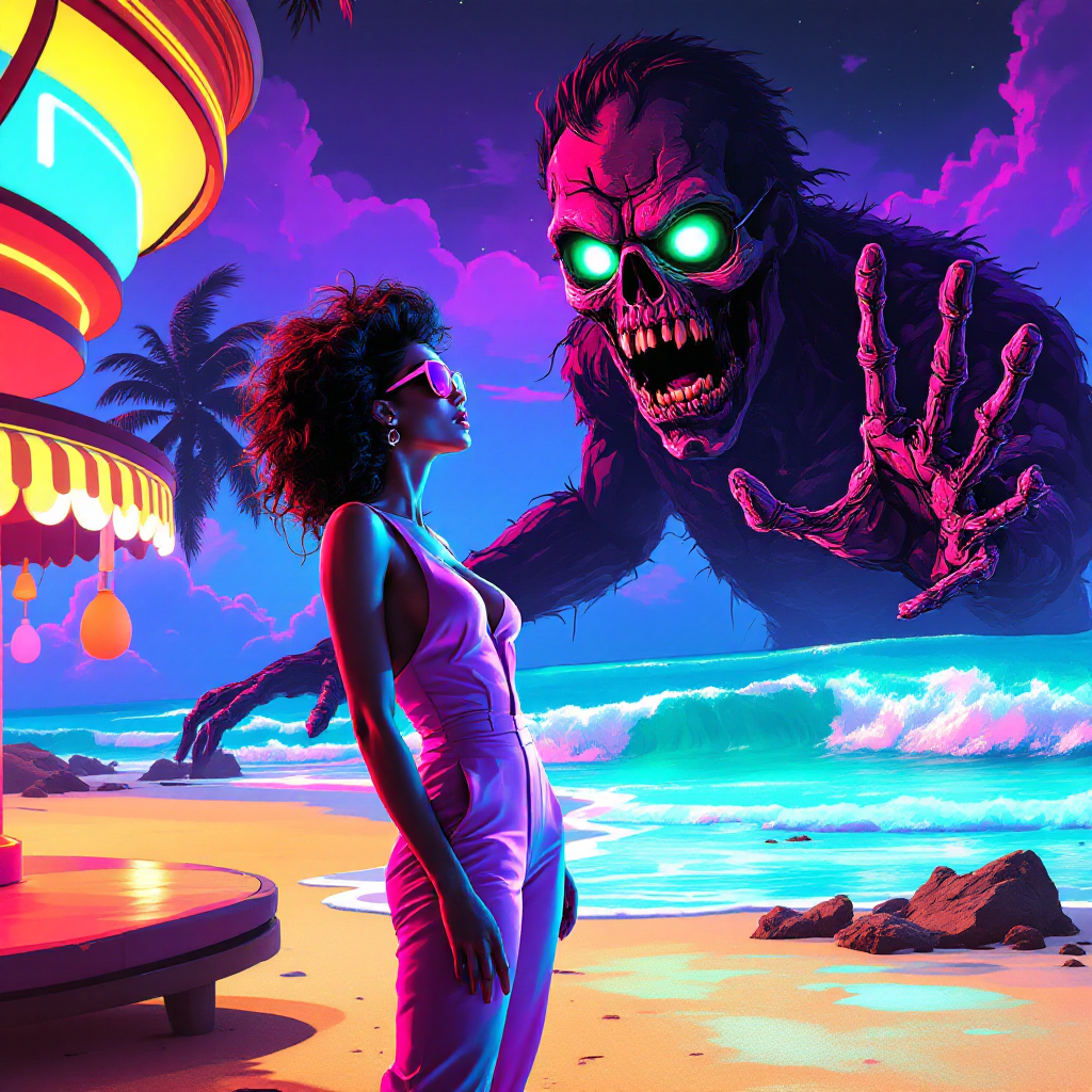 A surreal beach scene features a woman in stylish attire gazing at a menacing, glowing-eyed zombie looming overhead, embodying the fear expressed in the quote about dying and zombies.