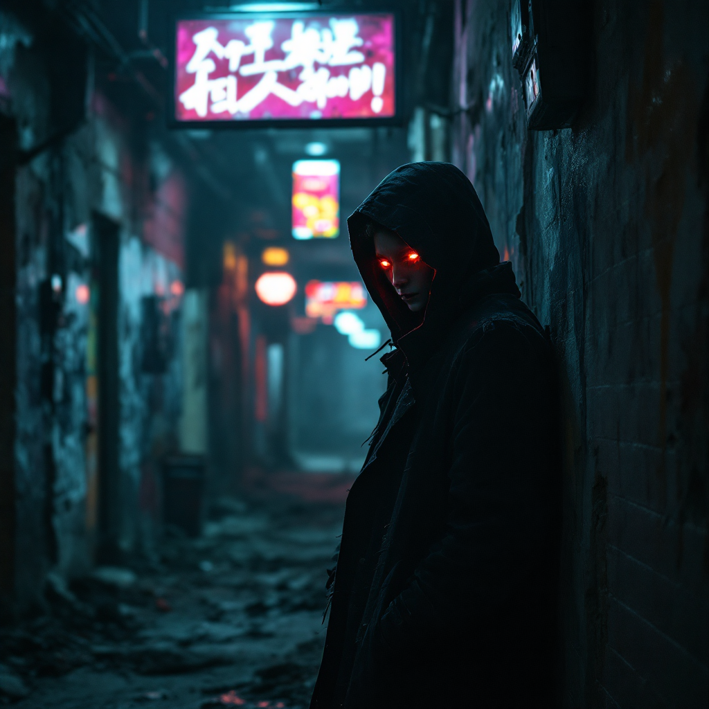 A figure in a dark hooded coat stands in a dimly-lit alleyway, their glowing red eyes contrasting with neon signs above. The scene evokes themes of mystery and hidden stories.