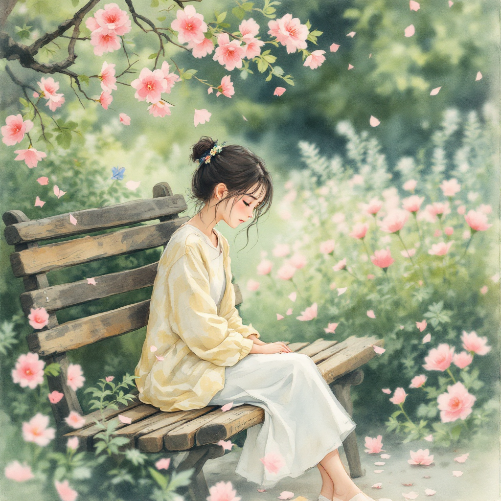 A young woman sits on a bench in a blooming garden, surrounded by pink flowers. She gazes gently downward, embodying the tenderness of heart captured in the quote.