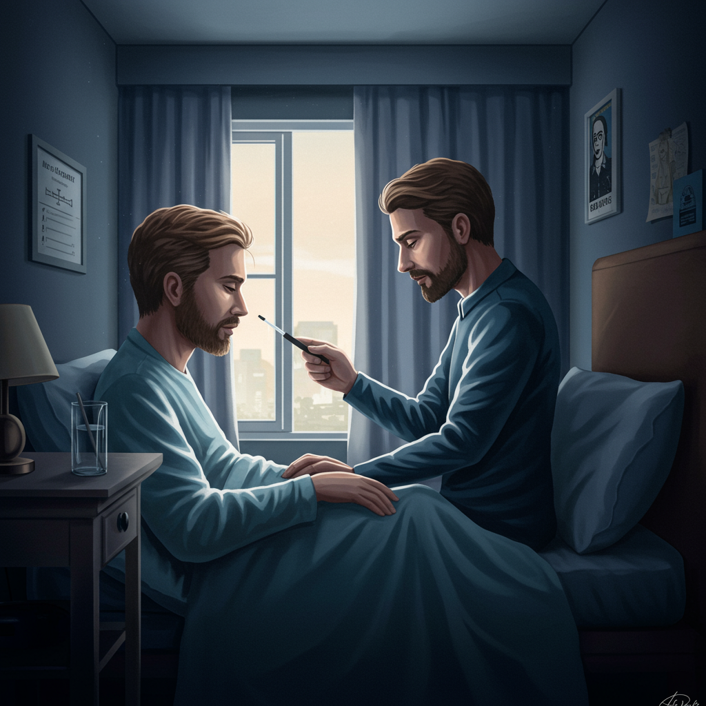 Two men share a quiet, intimate moment by a bedside, reflecting the quote, the art of dying is the art of living, as one supports the other in his final moments.