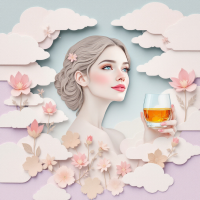 A serene woman holds a glass of amber liquid, surrounded by delicate flowers and clouds, embodying a contemplative moment inspired by the quote on the fleeting comfort of alcohol.