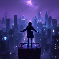 A silhouetted figure stands with arms outstretched on a rooftop, overlooking a glowing, purple-hued cityscape, embodying the quote about hope shining through darkness.