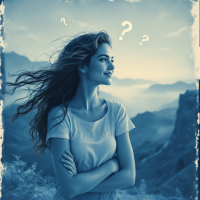 A thoughtful woman stands against a serene mountain backdrop, her hair flowing in the wind, with question marks hovering above her head, embodying the courage to question everything.