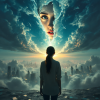 A figure stands before a surreal sky, where a woman's face emerges from swirling clouds, symbolizing the search for hidden truths beneath layers of self-imposed barriers.