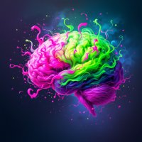 A vibrant, surreal depiction of a brain with swirling colors of pink, green, and purple, embodying the struggle against forgetting and the essence of existence itself.