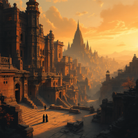 A mystical landscape at sunset features grand ancient architecture, with two figures standing before a towering mountain, evoking the profound simplicity of the unknown as highlighted in the quote.