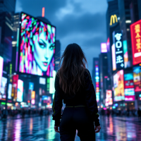 A person stands in a bustling cityscape at night, gazing towards a vibrant digital billboard featuring a colorful, surreal face, reflecting the quest for identity amidst overwhelming stimuli.