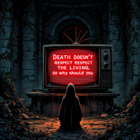 A cloaked figure sits before a vintage television displaying the quote: Death doesn’t respect the living, so why should you? The surroundings are dark, overgrown, and eerie.