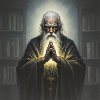 A wise figure with long white hair and a robe stands in a dim library, hands clasped in prayer, emanating a golden light, embodying the essence of understanding over force.