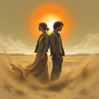 A serene yet tense scene shows two figures standing back-to-back in a desert landscape, facing a large, glowing sun, embodying the quote about fairness and determination.