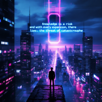 A silhouetted figure stands on a rooftop overlooking a futuristic city, illuminated by neon lights, with the quote Knowledge is a risk... prominently displayed in vibrant colors.