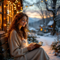 A young woman, cozy in a soft sweater, sits by a warmly lit cabin in the snow, reading a book with a content cat in her lap, embodying the essence of love and connection.