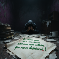 A hooded figure sits on a floor covered with books and papers, head bowed in distress. A handwritten quote in French about hidden truths lies on the ground, emphasizing personal definitions.