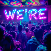 A vibrant crowd dances under colorful lights, with the phrase WE'RE glowing prominently in neon against a psychedelic backdrop, capturing the essence of shared experiences and roles in life.