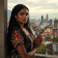 A young woman with long, dark hair wears a vibrant floral dress, gazing thoughtfully over a cityscape, embodying the rich cultural history of the Dominican Republic.