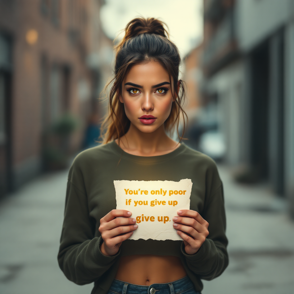 A young woman stands in a city alley, holding a sign that reads, You’re only poor if you give up. Her expression is determined and introspective.