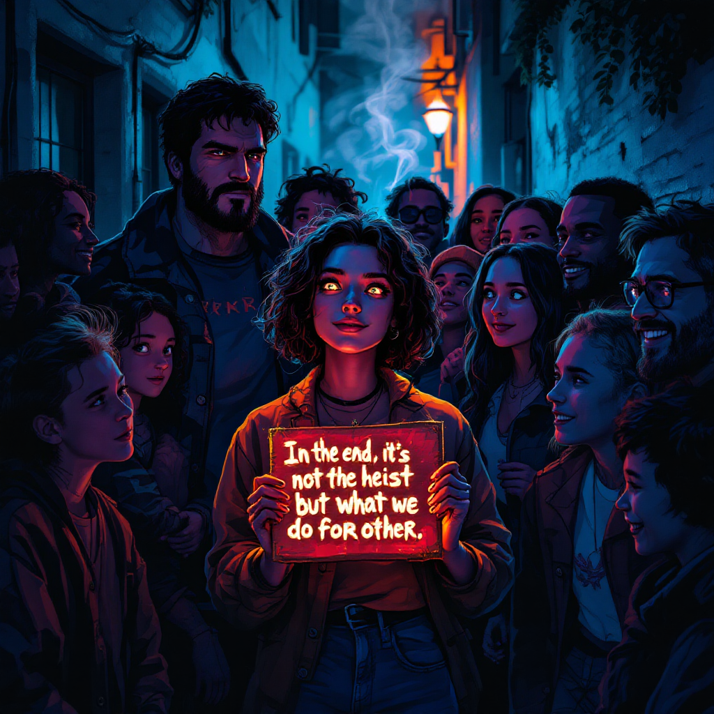 A diverse group of people stands in a dimly lit alley, focused on a woman holding a glowing sign that reads, In the end, it's not the heist but what we do for each other.