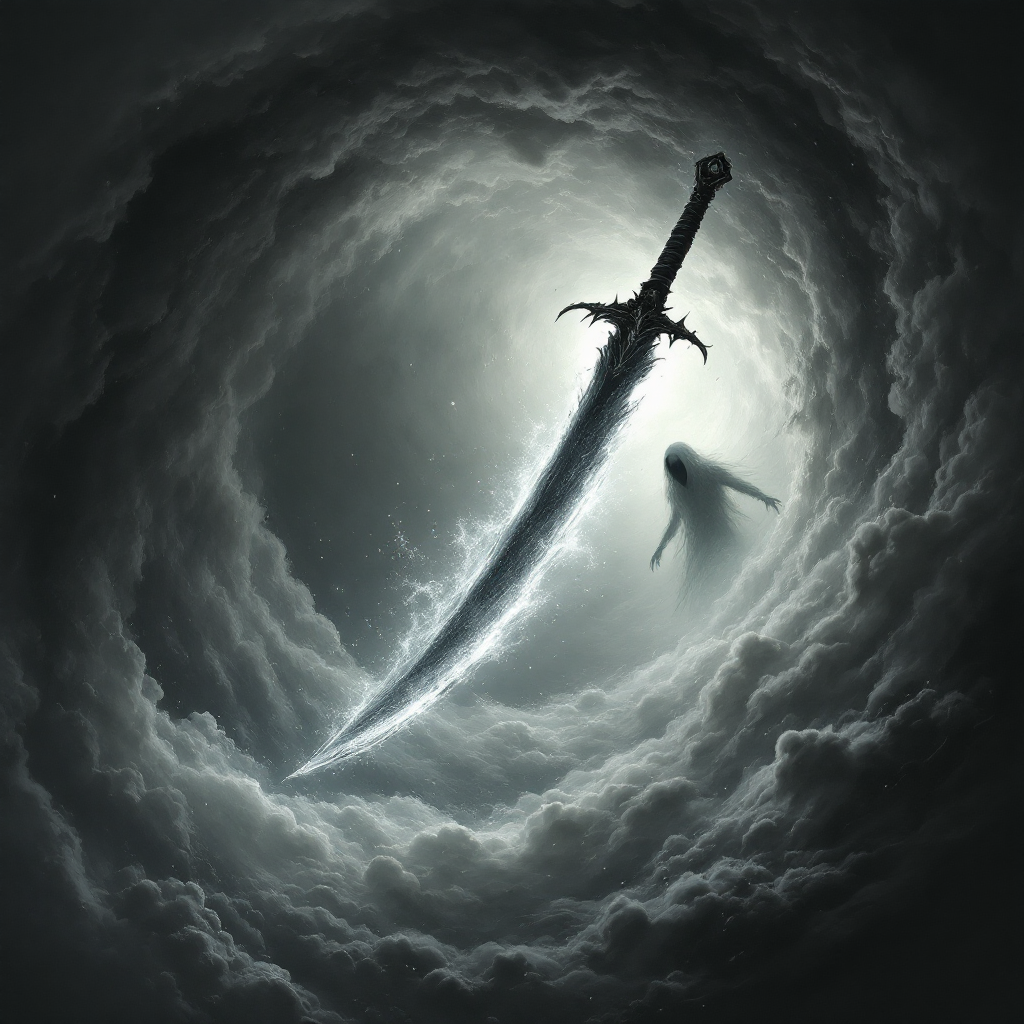 A dramatic scene features a glowing sword suspended in a swirling, dark cloud, with an ethereal figure in the background, evoking the quote Fear cuts deeper than swords.