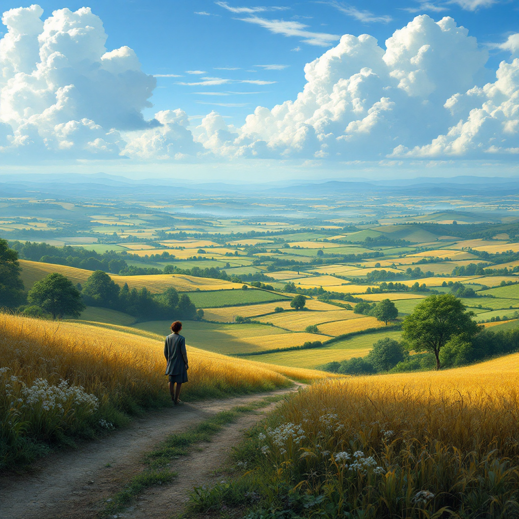 A serene landscape unfolds under a vast sky, where a figure walks along a winding path, symbolizing the deep connection between land, memory, and longing for home.