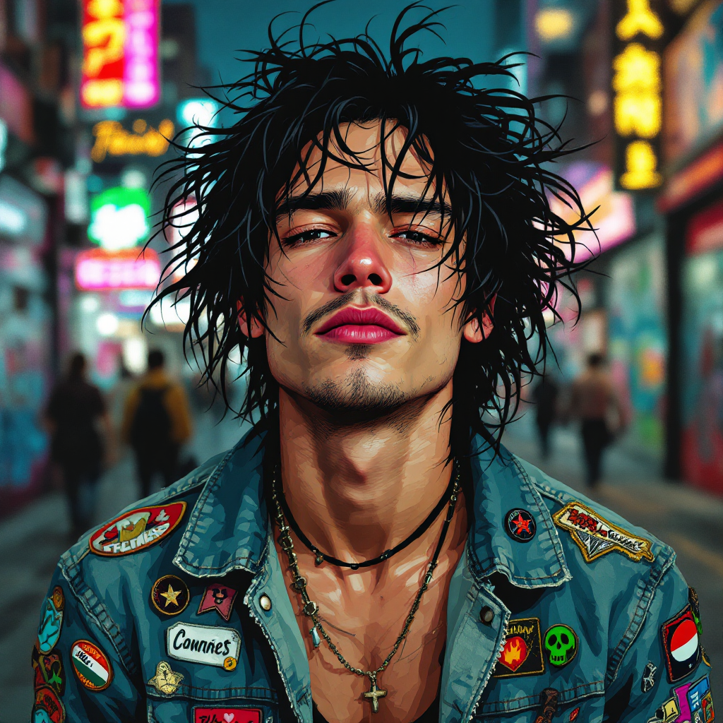 A young man with wild hair and a decorated denim jacket stands confidently in a bustling city street, embodying the spirit of personal experience and individuality.