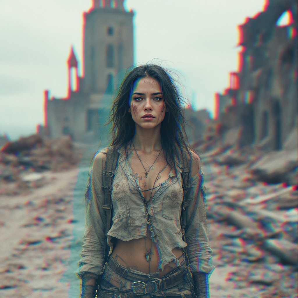 A resilient woman stands amidst the ruins of a desolate landscape, embodying strength and determination, reflecting the quote about enduring loss and still standing.