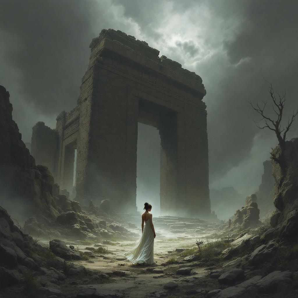 A lone figure in a flowing dress stands before a towering, crumbling archway amidst a desolate landscape, evoking themes of nostalgia and the haunting nature of the past.