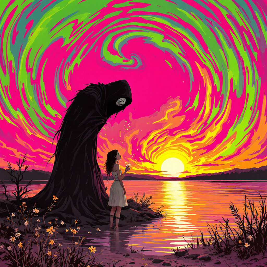 A girl stands by a shimmering lake at sunset, gazing at a shadowy figure that symbolizes anxiety. The vibrant, swirling colors reflect her struggle with the present moment.