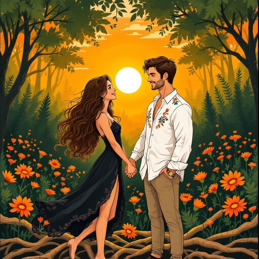 A couple stands hand in hand amid vibrant flowers and lush greenery, bathed in golden sunset light, symbolizing the strong friendship that forms a foundation for their love.