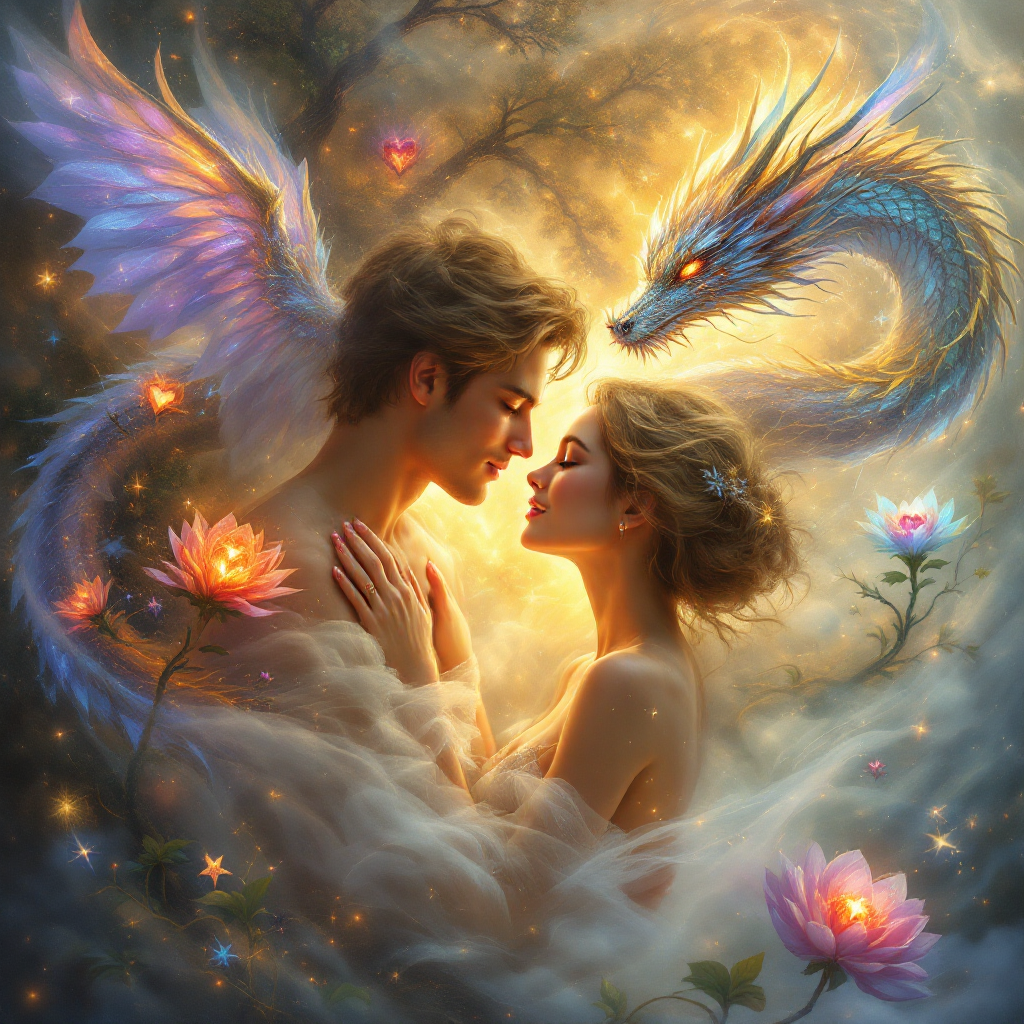 A couple gazes into each other's eyes, surrounded by ethereal light and vibrant flowers, as a dragon gently observes them, embodying the unique essence of love.