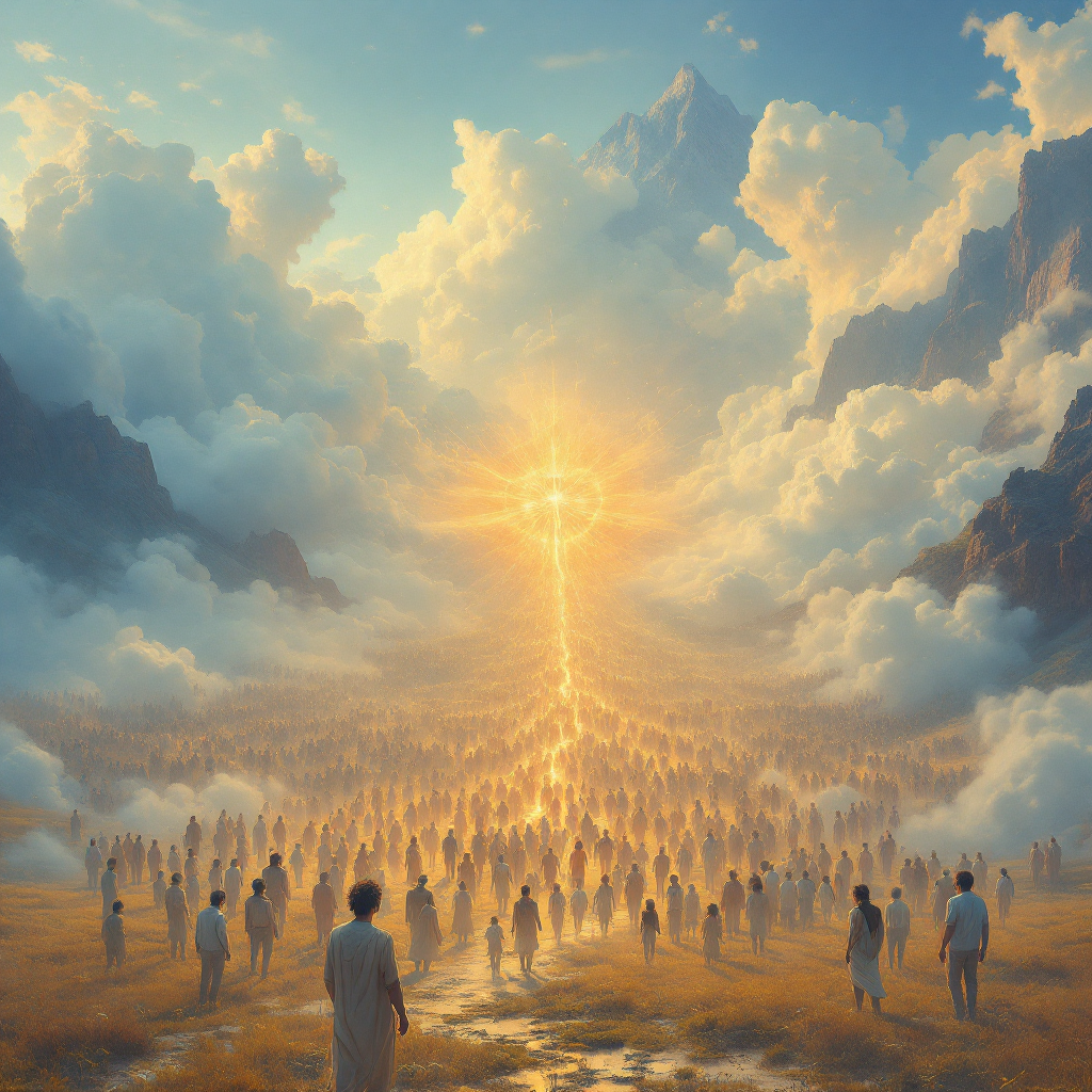 A vast, serene landscape filled with people gazing upward at a radiant cross emerging from golden clouds, symbolizing unity and the collective fate of humanity.