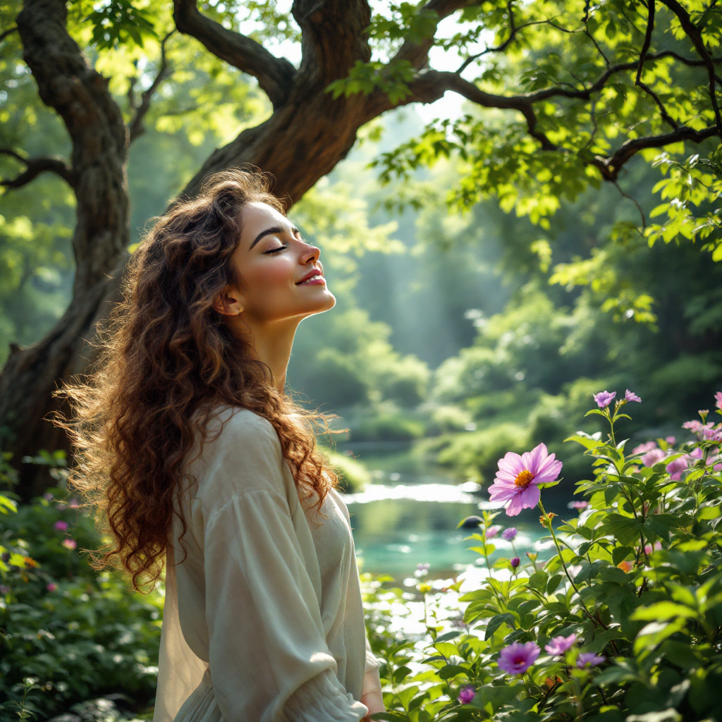 A woman with curly hair stands in a lush garden, bathed in sunlight. She smiles peacefully, surrounded by vibrant flowers and greenery, embodying serenity and connection with nature.