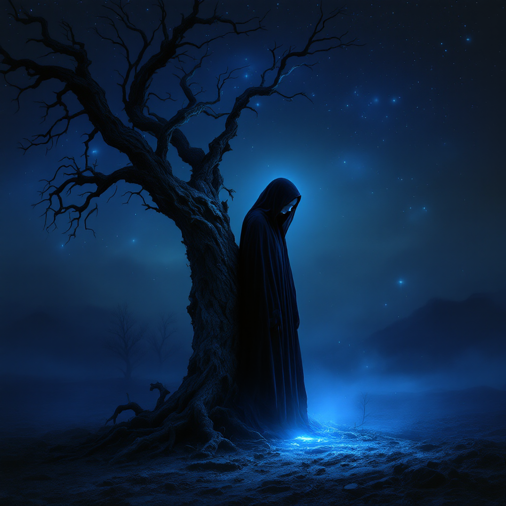 A mysterious hooded figure stands beside a gnarled tree in a dark, starry landscape, embodying feelings of despair and emptiness, reflecting the quote, I am lost; I am crushed; I am nothing.