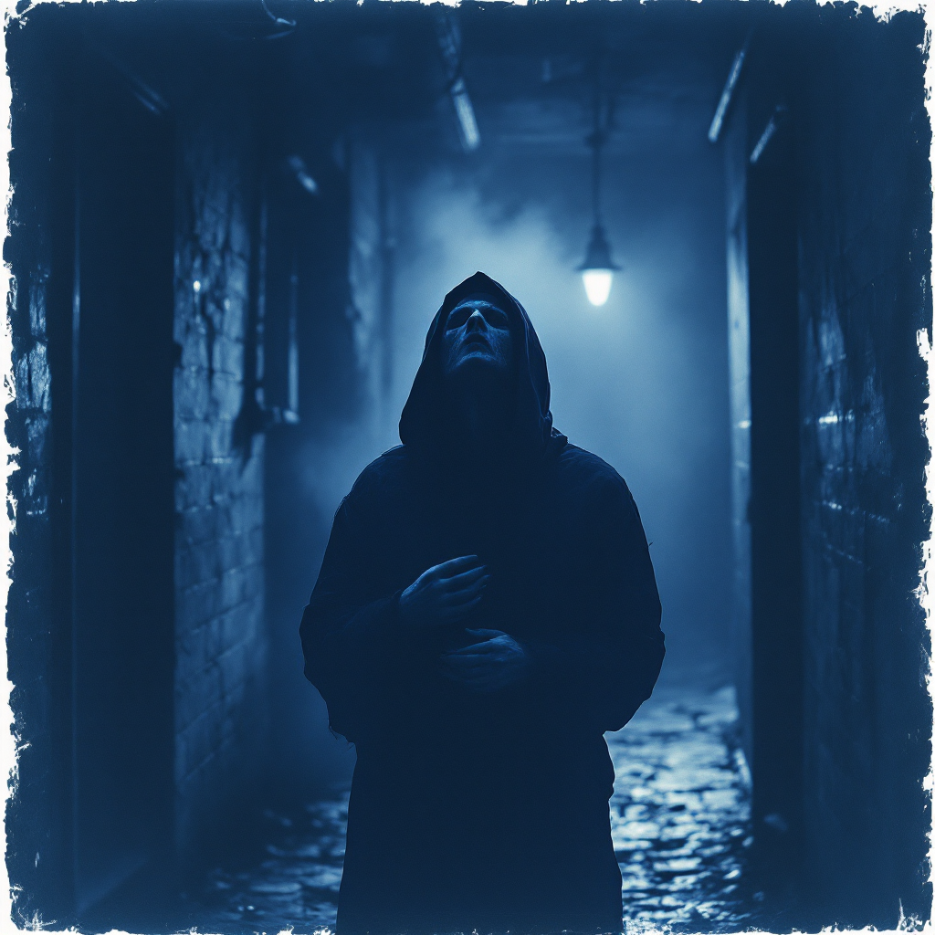 A hooded figure stands alone in a dimly lit, foggy corridor, gazing upwards with a contemplative expression, embodying the quote, You can’t trust anyone. Not even yourself.