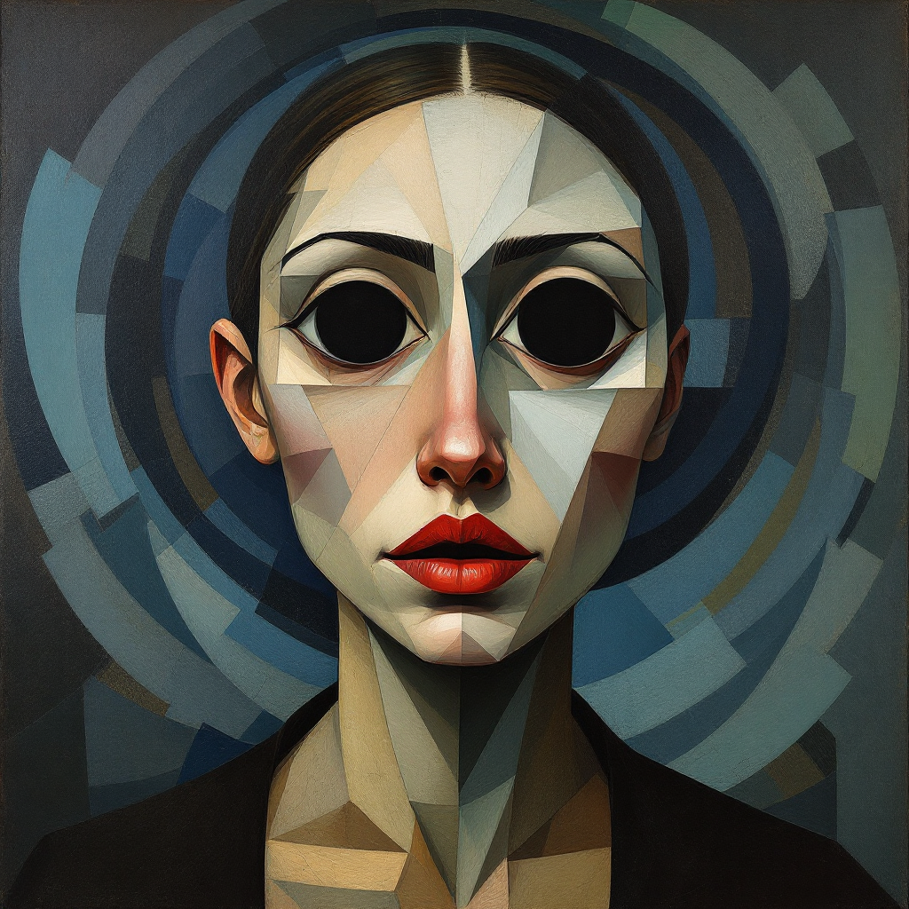 A geometric portrait of a woman with striking features, large dark eyes, and red lips, surrounded by a swirling pattern, reflecting the theme of enduring sadness from the quote, The sadness will last forever.