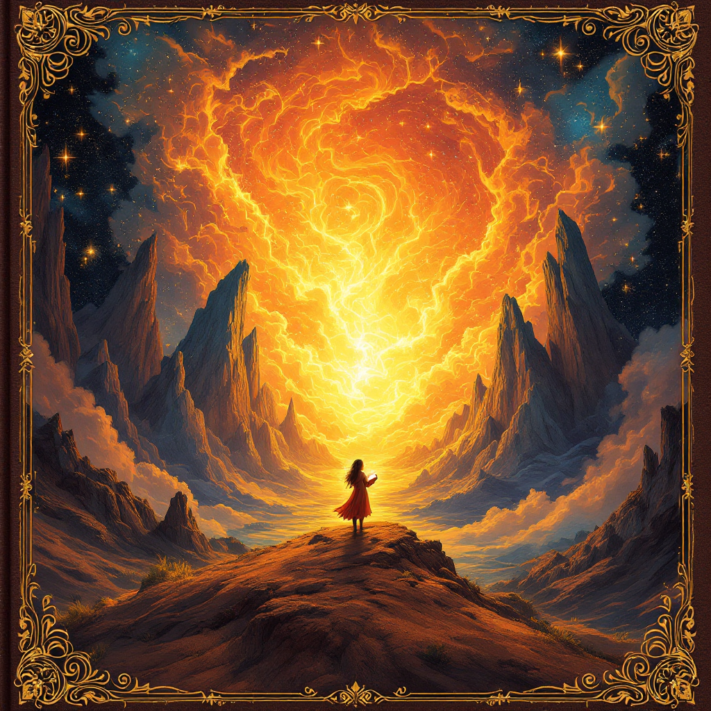 A figure in a red cloak stands on a rocky outcrop, facing a vibrant, swirling orange light amidst majestic mountains, symbolizing the expansive power of comic books.