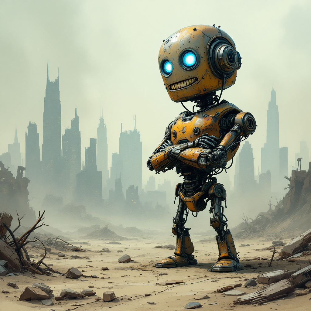 A determined robot stands confidently in a desolate landscape, embodying the spirit of resilience and the fight for survival amidst a crumbling city skyline.