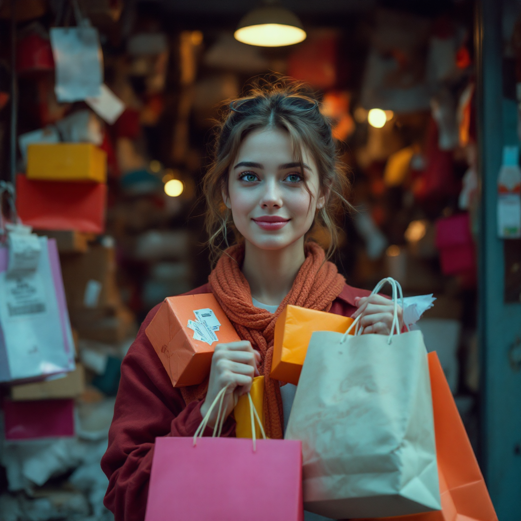 A young woman smiles while holding colorful shopping bags in front of a vibrant shop filled with wrapped gifts, embodying the joy of shopping captured in the quote about happiness in the moment.