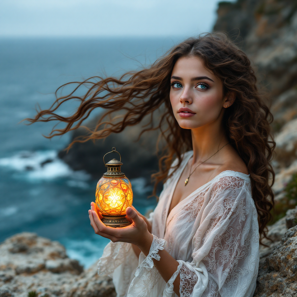 A young woman with flowing hair stands on a rocky shore, holding a glowing lantern. The ocean waves crash behind her, symbolizing the complex nature of hope amidst danger.