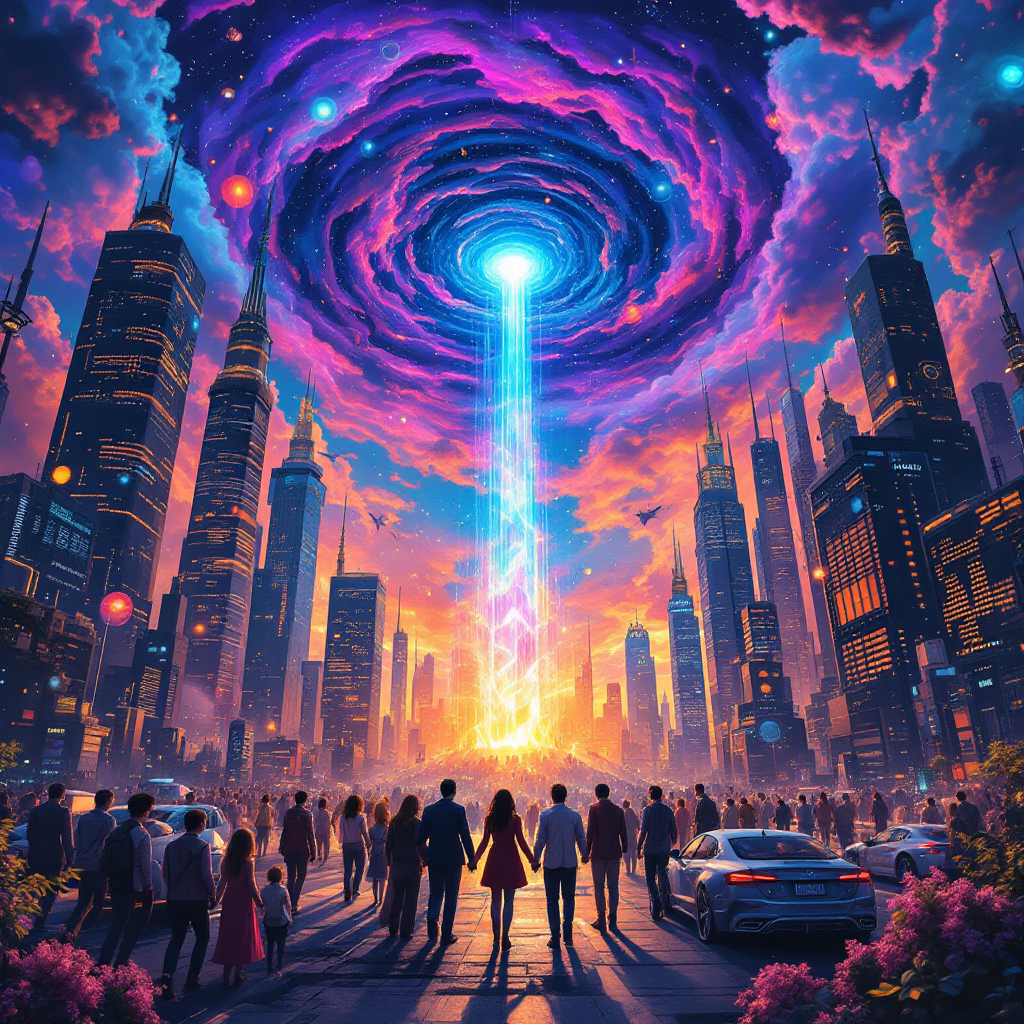 A vibrant, futuristic cityscape with skyscrapers and a swirling, colorful vortex in the sky, symbolizing the idea that the future is created, not simply entered.