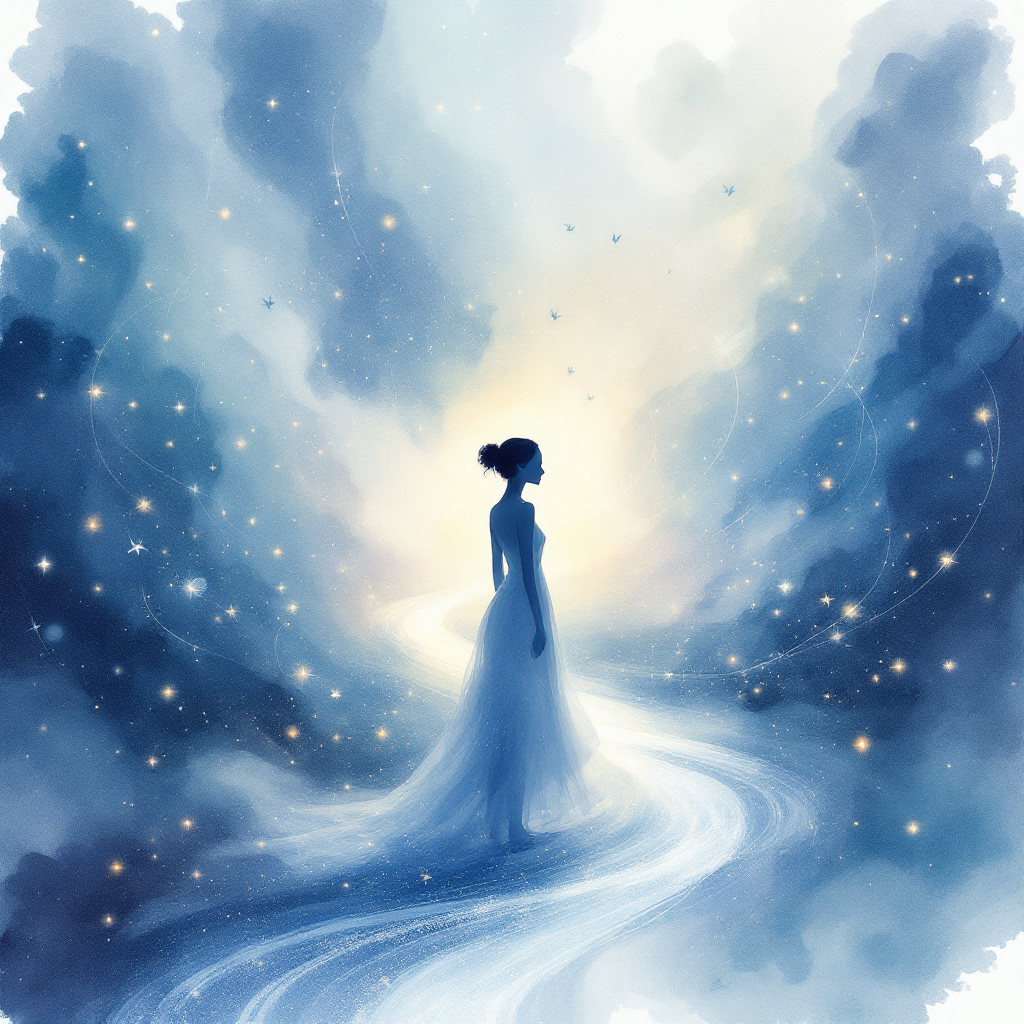 A silhouette of a woman in a flowing dress stands on a winding path surrounded by ethereal blue and gold hues, embodying the essence of life's moments and choices.